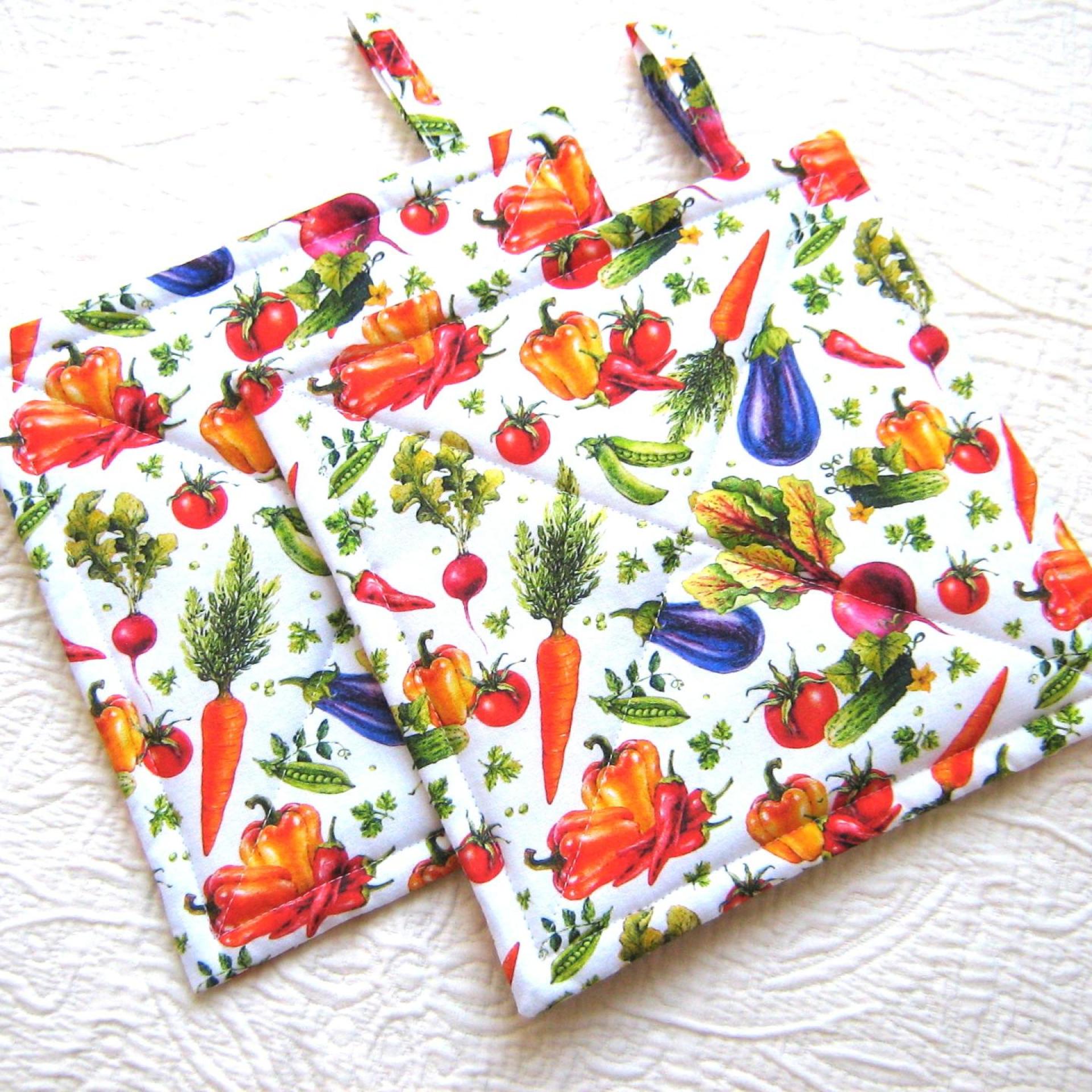 Spring Veggie Potholders, Tomatoes, Carrots, Beets, Green, Red, Purple, Orange on a White Background, Gift for Gardener, USA Handmade Hot Pads 