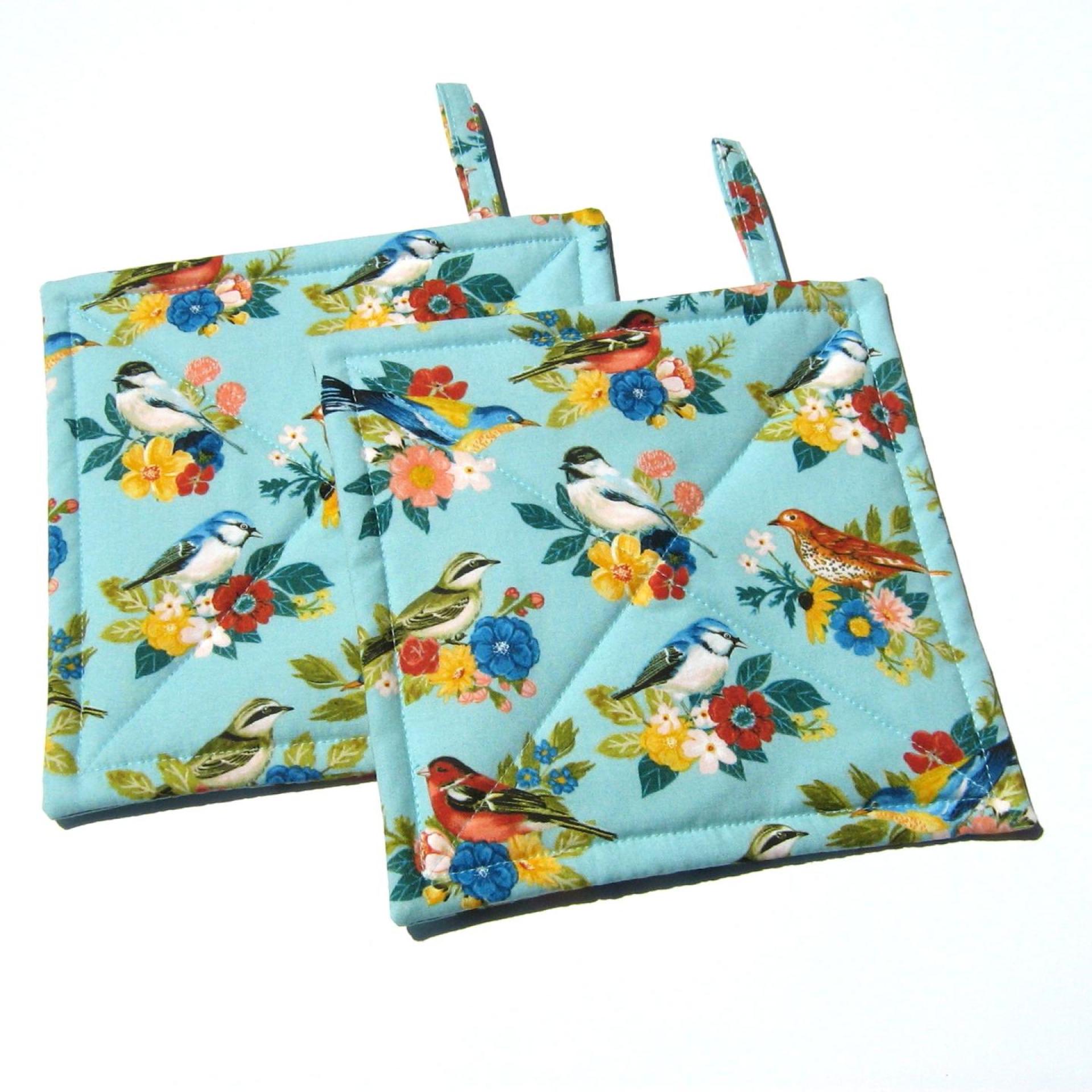 Summer Birds Potholders, Colorful Birds and Bunches of Flowers, Quilted Hot Pads, USA Made Housewarming, Hostess Gift