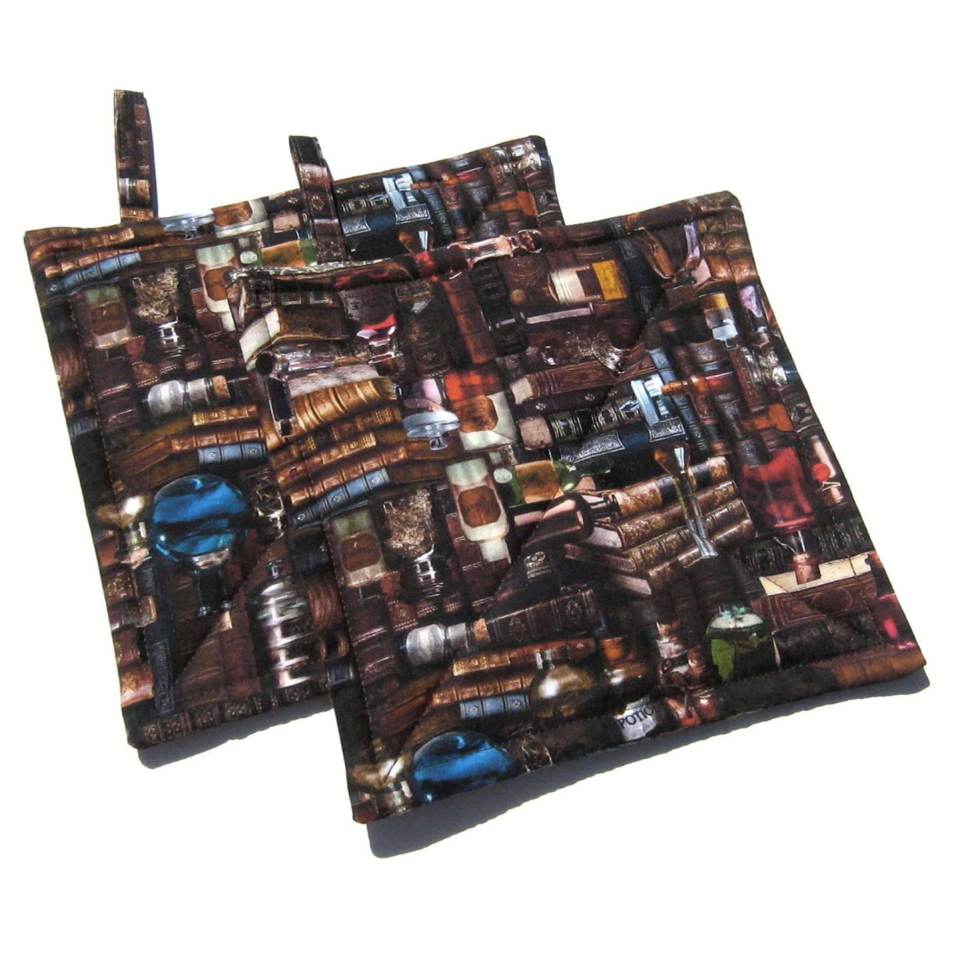 Spooky Library Potholders, Antique Books & Bottles Quilted Hot Pads, USA Hand Crafted Gift for Halloween, Librarian Gift