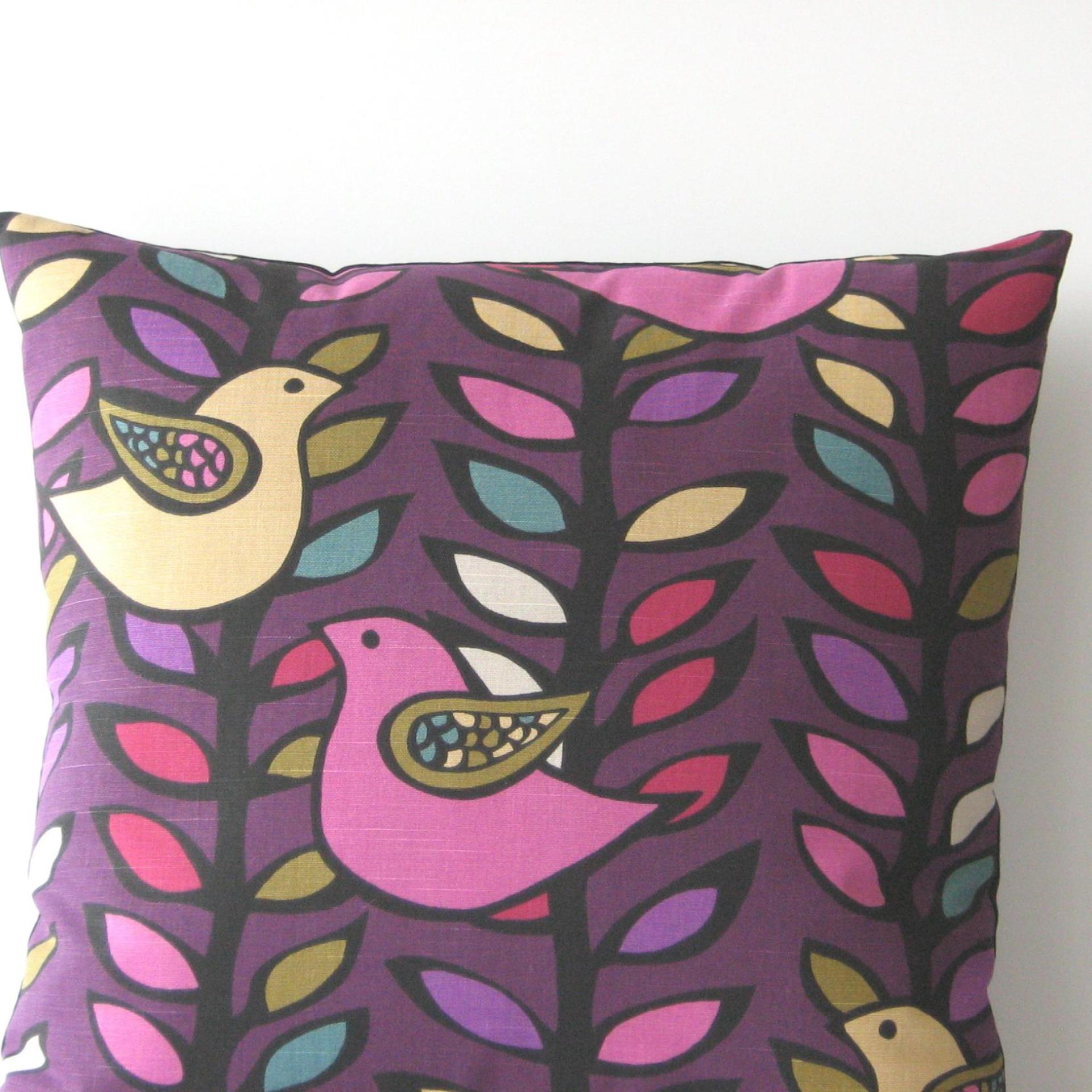 Mod Style Bird Pillow Cover in Pink, Olive, Yellow on Purple Linen Cotton Blend, KAS Designer Print, 23 x 23 Inches, USA Handmade