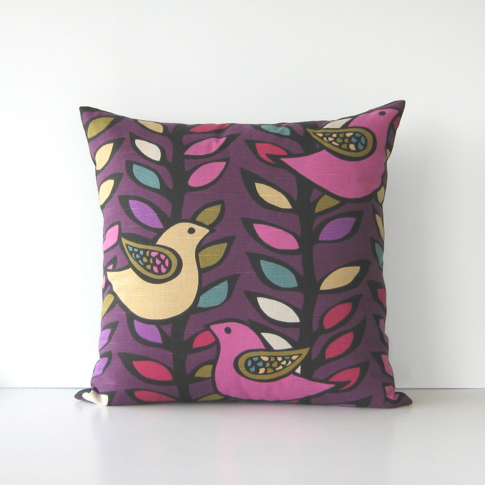 Retro Bird Pillow Cover in Pink, Olive, Yellow on Purple Linen Cotton Blend, KAS Mod Style Designer Print, 20 x 20 Inches, USA Handmade