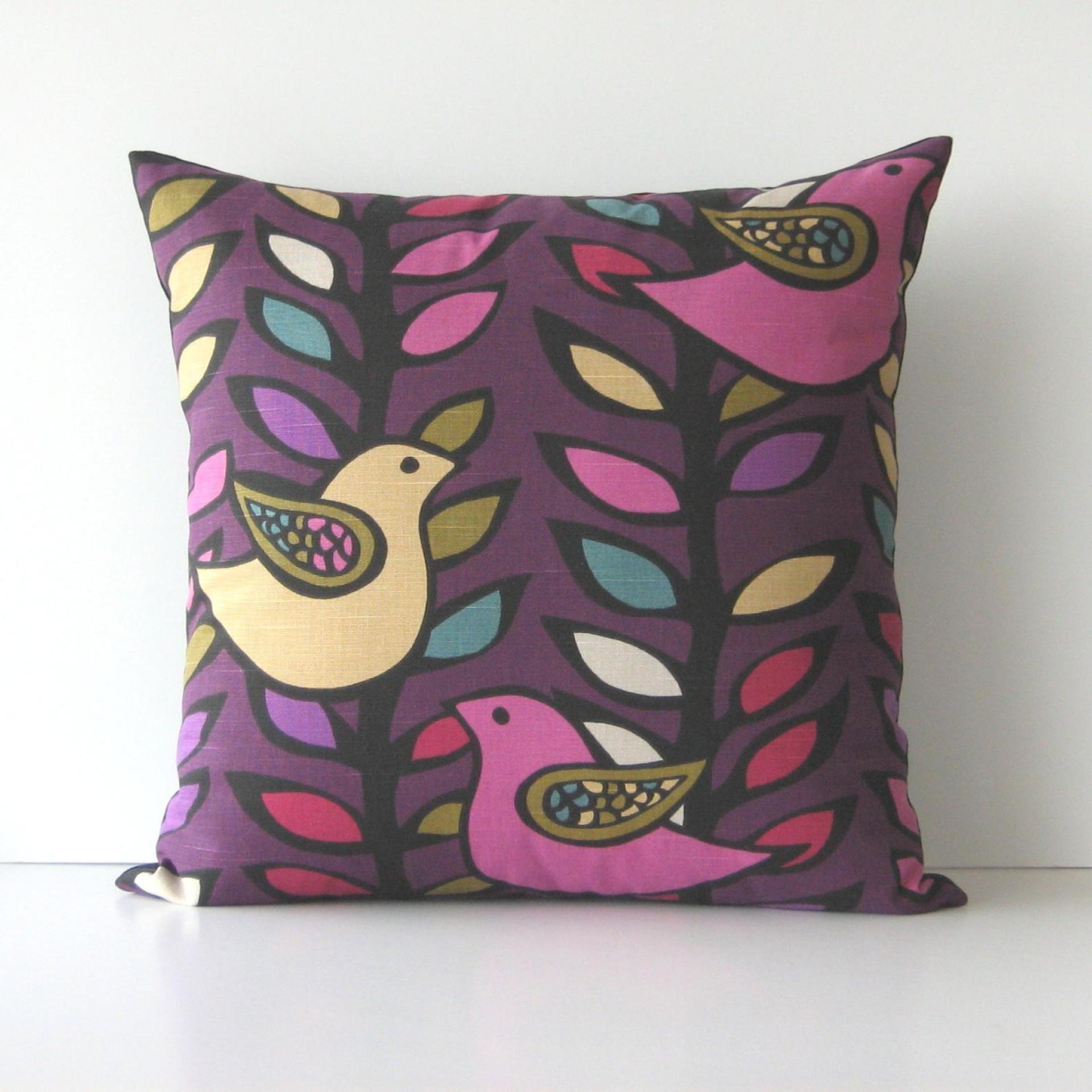 Retro Bird Pillow Cover in Pink, Olive, Yellow on Purple Linen Cotton Blend, KAS Mod Style Designer Print, 20 x 20 Inches, USA Handmade
