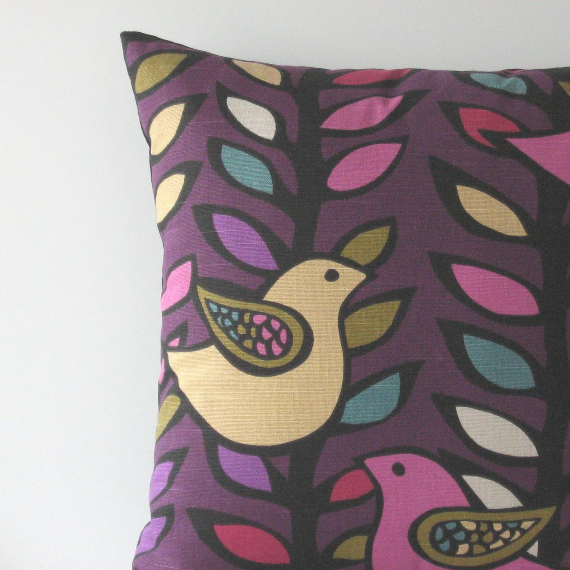 Retro Bird Pillow Cover in Pink, Olive, Yellow on Purple Linen Cotton Blend, KAS Mod Style Designer Print, 20 x 20 Inches, USA Handmade