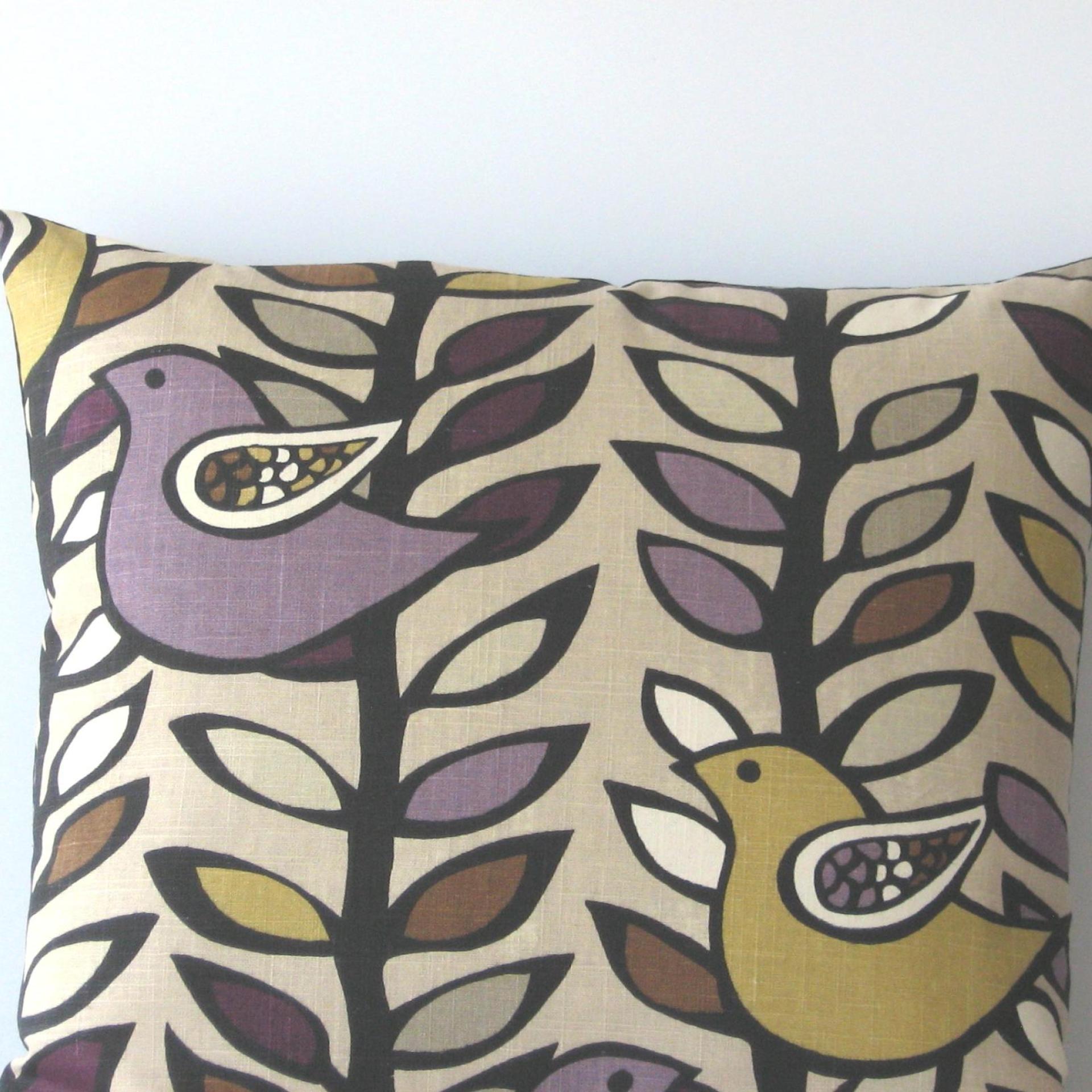 Mid Century Style Pillow Cover in Mustard, Plum, Chocolate, White on Taupe Linen Cotton Blend, KAS Designer Birds, 21 x 21 Inches, USA Handmade