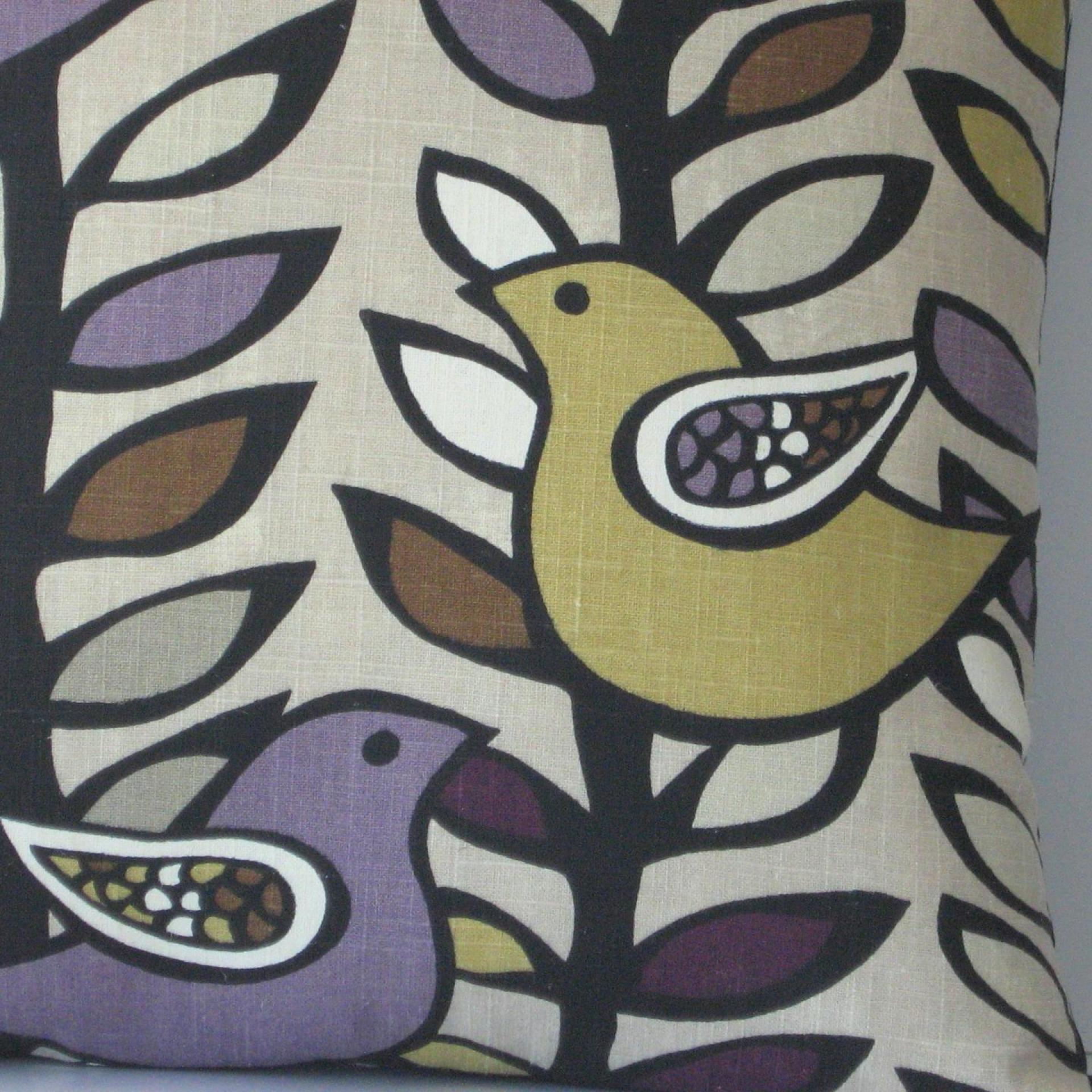 Mid Century Style Pillow Cover in Mustard, Plum, Chocolate, White on Taupe Linen Cotton Blend, KAS Designer Birds, 21 x 21 Inches, USA Handmade