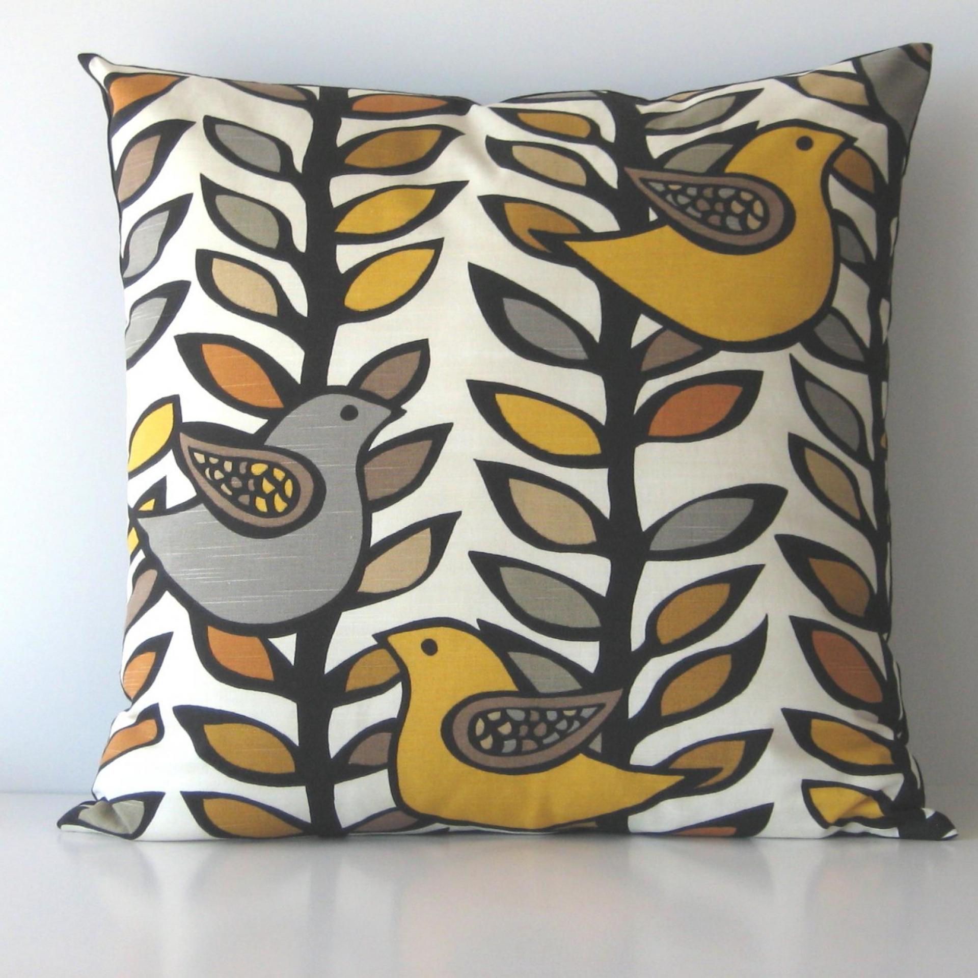 Retro Birds Pillow Cover in White, Gold, Grey Linen Cotton Blend, KAS Designer Print, 21 x 21 Inches