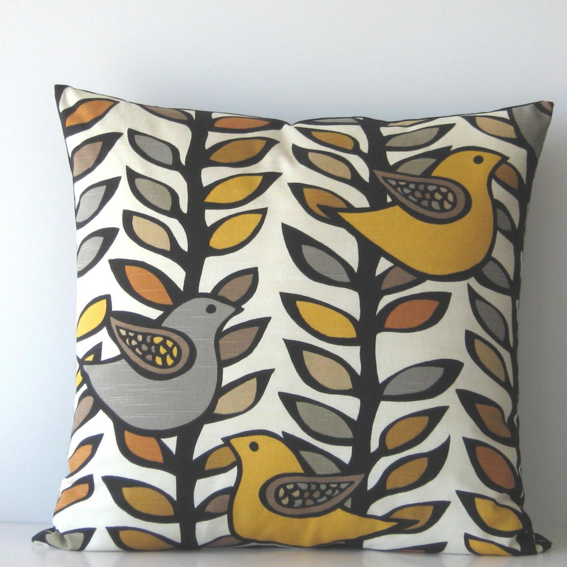 Retro Birds Pillow Cover in White, Gold, Grey Linen Cotton Blend, KAS Designer Print, 21 x 21 Inches