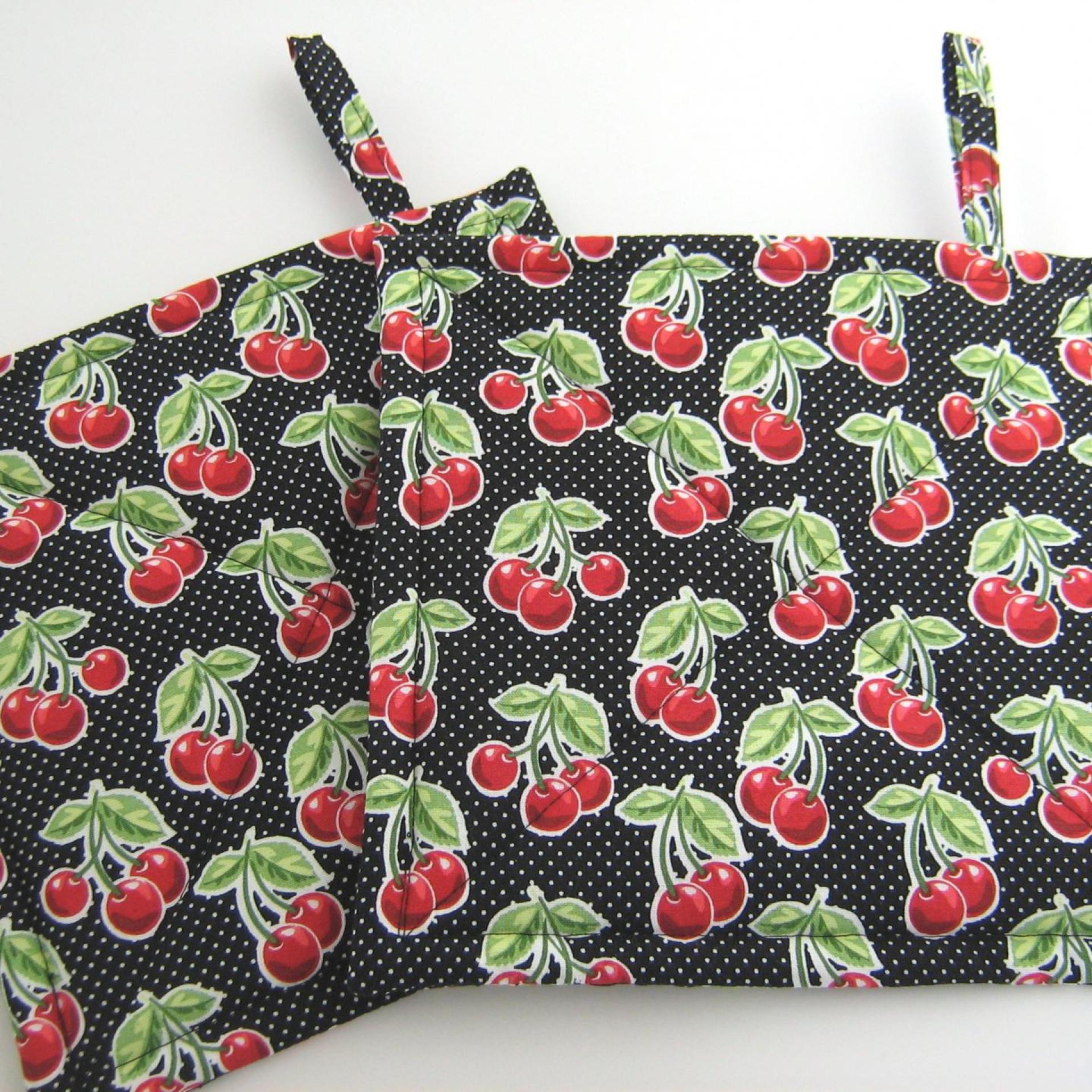 Cherries and Polka Dots Potholders, Red Black Retro Look Quilted Handmade Hot Pads, Housewarming Gift 