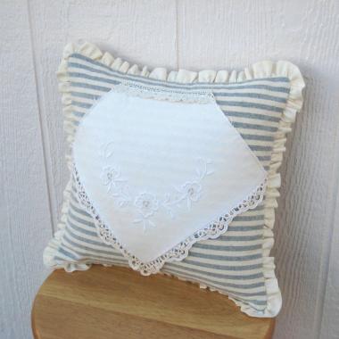 Cottage Décor Mini Pillow w. Ruffled Trim, Blue & White Striped Cotton w. Vintage Embroidered Hanky Applique, Insert Included, 12" x 12"