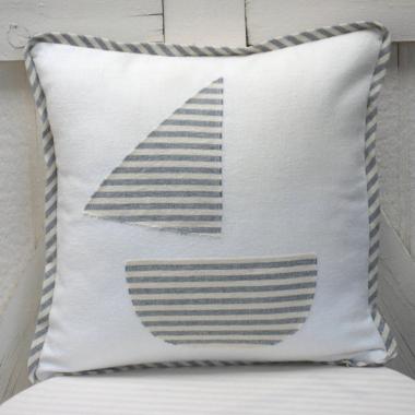 Seaside Cottage Pillow with Sailboat Applique, Blue White Striped Trim and Zipper Closure, Insert Included, 15" x 15", USA Handcrafted