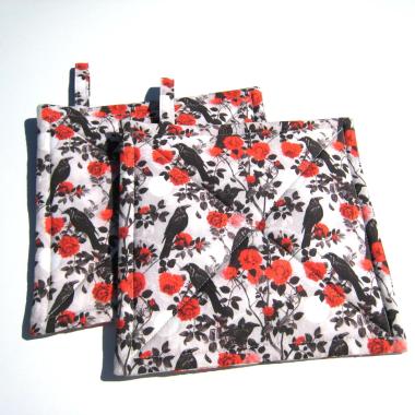 Crows and Roses Potholders, Goth Décor Quilted Hot Pads in Red, Grey and Black, Spooky Kitchen, Stocking Stuffer, USA Handcrafted Gift