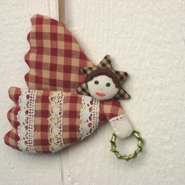Primitive Angel Ornament, Stuffed Homespun Gingham Holiday Decoration, Farmhouse Christmas Tree, Country Cottage, USA Handmade