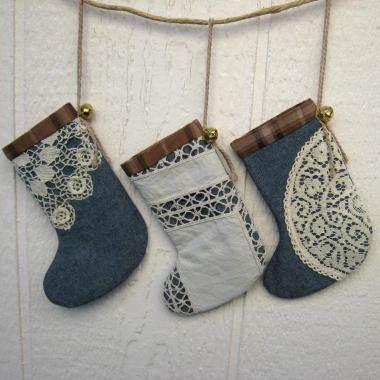 Mini Christmas Stockings, Blue Chambray, Brown Plaid & Upcycled Vintage Doilies, Set of Three