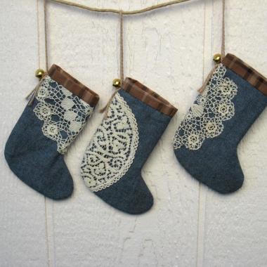 Mini Christmas Stockings, Blue Chambray, Brown Plaid & Upcycled Vintage Doilies, Set of Three
