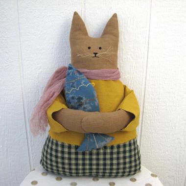 Primitive Cat and Fish in Caramel, Mustard Yellow, and Blue, Whimsical Cloth Art Cottage Décor, Rustic USA Handmade, Erlinda with Fish #1