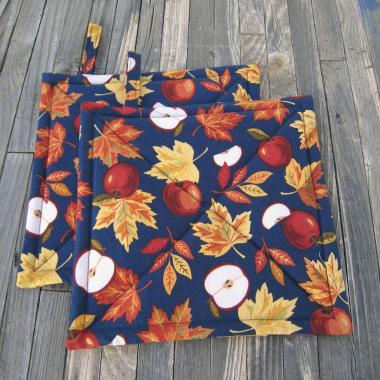 Apples & Maple Leaves Potholders, Autumn Décor Quilted Hot Pads, USA Hand Made, Wrapped for Gift Giving