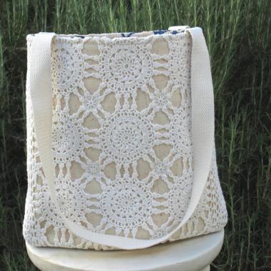 Crochet Tablecloth Tote Bag, Vintage Table Runner, Chic Upcycled Small Tote, USA Hand Made