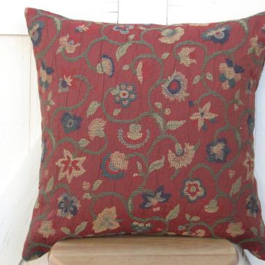 Jacobean Embroidery Pillow Cover in Rust Red Crinkle Home Décor Cotton Blend, 17 x 17 inches