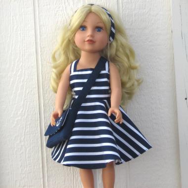Nautical Blue White Striped Dress for 18-inch Doll, Summer Party Outfit, Cruise Collection, Matching Bag and Headband