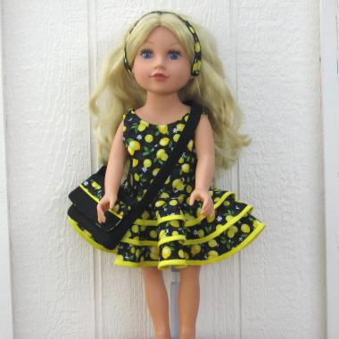 Yellow Lemons Ruffled Dress for 18-inch Doll, Yellow Bias Trim, Matching Bag and Headband, Travel or Summer Party Outfit