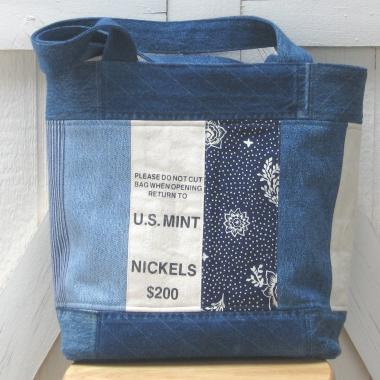 Upcycled Denim Tote in Patchwork Repurposed Blue Jeans Denim & Vintage Coin Bag Cotton, Lined Big Bag with Pockets