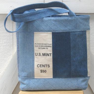 Upcycled Denim Tote in Patchwork Repurposed Blue Jeans Denim & Vintage Coin Bag Cotton, Lined Big Bag with Pockets