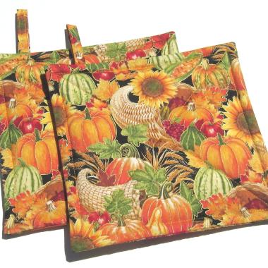 Autumn Harvest Potholders, Hot Pads w. Pumpkins, Sunflowers and Apples, USA Made Housewarming or Hostess Gift
