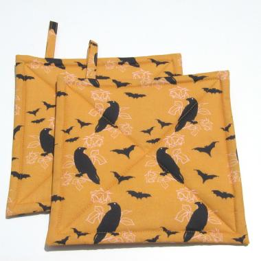 Crows and Bats Halloween Potholders, Orange and Black Hot Pads, Haunted House Décor, USA Made Housewarming or Hostess Gift
