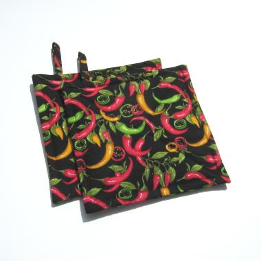 Potholders with Red Green and Yellow Hot Serrano Peppers, Southwest Style Quilted Hot Pads, USA Handmade Hostess Gift, Stocking Stuffer
