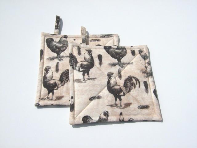 Roosters & Chickens Potholders, Quilted Handmade Hot Pads in Black, Grey, Pink Sand and Cream, Housewarming, Hostess Gift