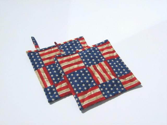 Rustic Flag Potholders, Stars and Stripes Hot Pads, Americana Kitchen Décor, USA Handmade 