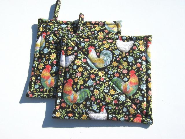 Garden Rooster Potholders, Flowers & Roosters Quilted Hot Pads, USA Handmade Housewarming, Hostess Gift