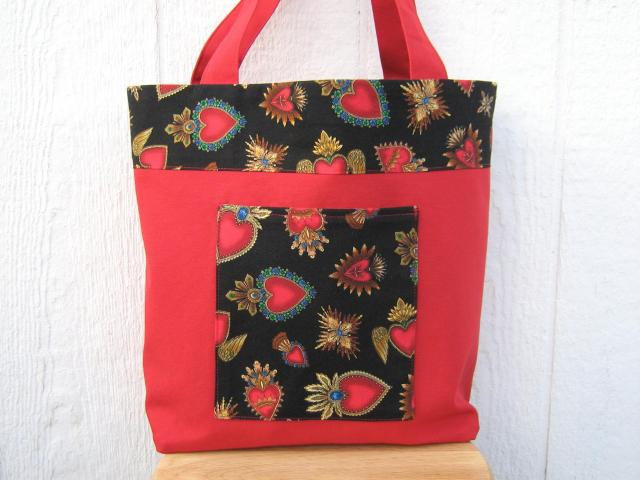Day of the Dead Red Canvas Shopping Bag, Sacred Hearts Reusable Duck Cloth Tote, USA Handmade