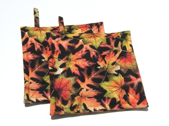 Swirling Autumn Leaves Potholders, Colorful Red Gold Maple Leaf Hot Pads, USA Made Housewarming or Hostess Gift