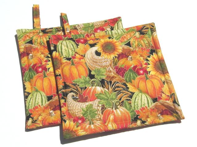 Autumn Harvest Potholders, Hot Pads w. Pumpkins, Sunflowers and Apples, USA Made Housewarming or Hostess Gift