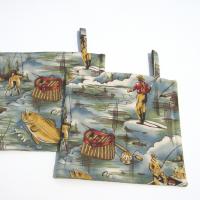 Fishing Potholders, Quilted Hot Pads Fisherman's Gift, Boat & Cabin Décor, Handmade Housewarming Gift