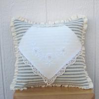 Cottage Décor Mini Pillow w. Ruffled Trim, Blue & White Striped Cotton w. Vintage Embroidered Hanky Applique, Insert Included, 12" x 12"