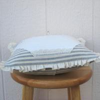 Cottage Décor Mini Pillow w. Ruffled Trim, Blue & White Striped Cotton w. Vintage Embroidered Hanky Applique, Insert Included, 12" x 12"