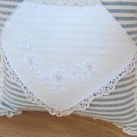 Cottage Décor Mini Pillow w. Ruffled Trim, Blue & White Striped Cotton w. Vintage Embroidered Hanky Applique, Insert Included, 12" x 12"