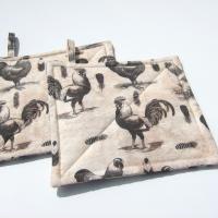 Roosters & Chickens Potholders, Quilted Handmade Hot Pads in Black, Grey, Pink Sand and Cream, Housewarming, Hostess Gift