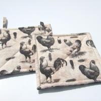 Roosters & Chickens Potholders, Quilted Handmade Hot Pads in Black, Grey, Pink Sand and Cream, Housewarming, Hostess Gift