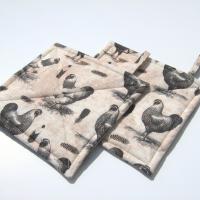 Roosters & Chickens Potholders, Quilted Handmade Hot Pads in Black, Grey, Pink Sand and Cream, Housewarming, Hostess Gift