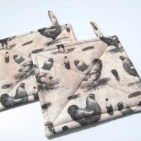 Roosters & Chickens Potholders, Quilted Handmade Hot Pads in Black, Grey, Pink Sand and Cream, Housewarming, Hostess Gift