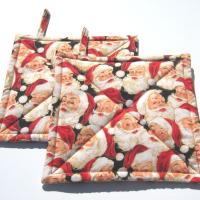 Santa Claus Potholders, Happy Santa Hot Pads, Red, White, Tan, Black Quilted Hot Pads, USA Made Stocking Stuffer, Housewarming, Hostess Gift