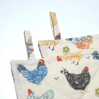 Calico Chickens Quilted Potholders, Yellow, Blue & Gray Hot Pads, USA Hand Made, Wrapped for Gift Giving