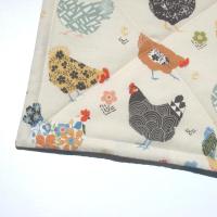 Calico Chickens Quilted Potholders, Yellow, Blue & Gray Hot Pads, USA Hand Made, Wrapped for Gift Giving
