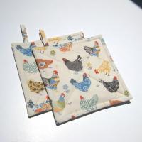 Calico Chickens Quilted Potholders, Yellow, Blue & Gray Hot Pads, USA Hand Made, Wrapped for Gift Giving