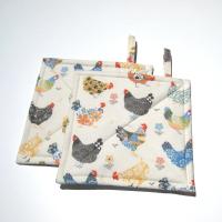 Calico Chickens Quilted Potholders, Yellow, Blue & Gray Hot Pads, USA Hand Made, Wrapped for Gift Giving