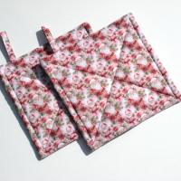 Pink Christmas Potholders, Mini Santa Quilted Hot Pads, USA Handmade, Wrapped for Gift Giving