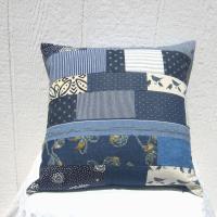Denim Patchwork Pillow Cover, Upcycled Indigo Home Décor, Boho Style 18 x 18 Pillow Cover